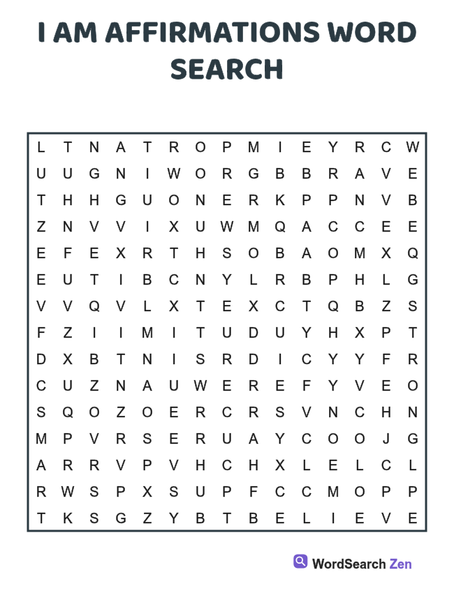 I Am Affirmations Word Search printable puzzle sheet
