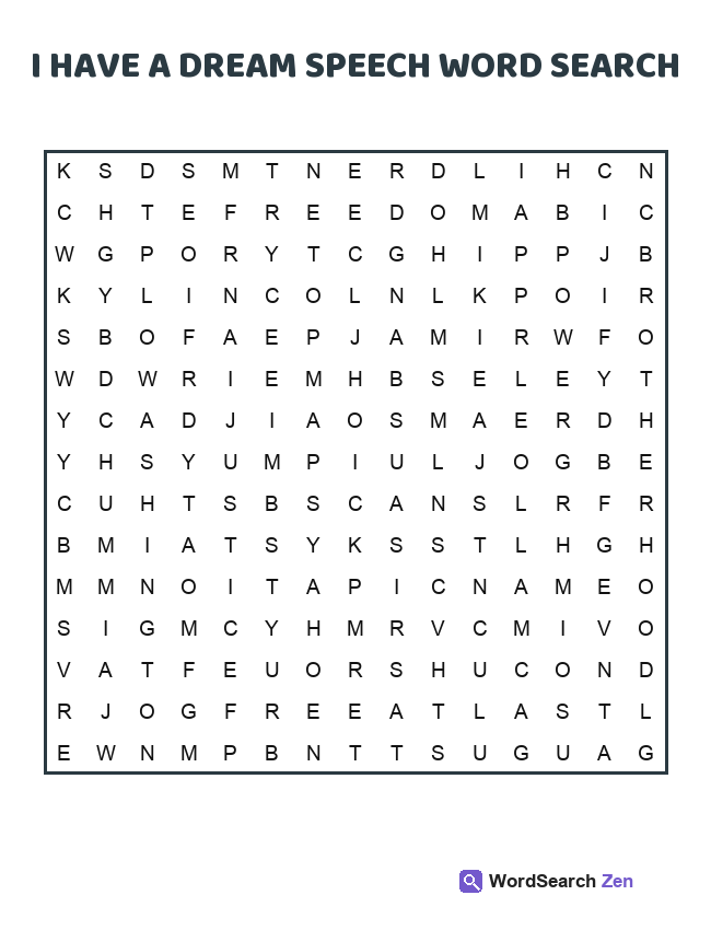 I Have A Dream Speech Word Search printable puzzle sheet