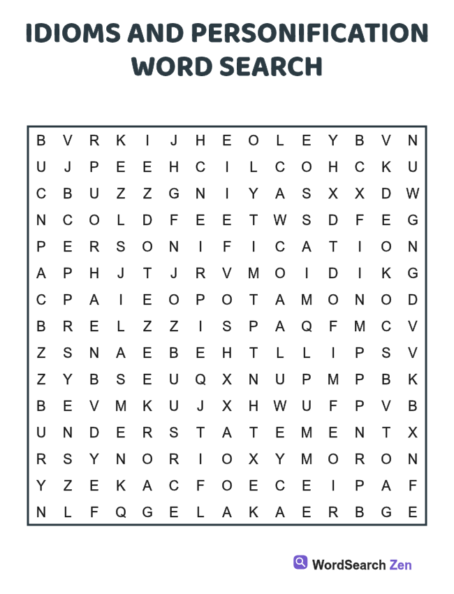Idioms and Personification Word Search printable puzzle sheet