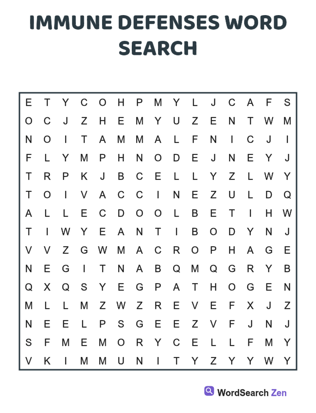 Immune Defenses Word Search printable puzzle sheet, 15 hidden words