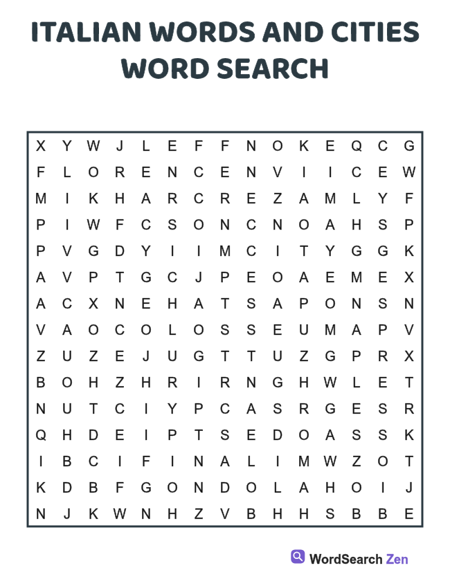 Italian Words and Cities Word Search printable puzzle sheet, 15 hidden words