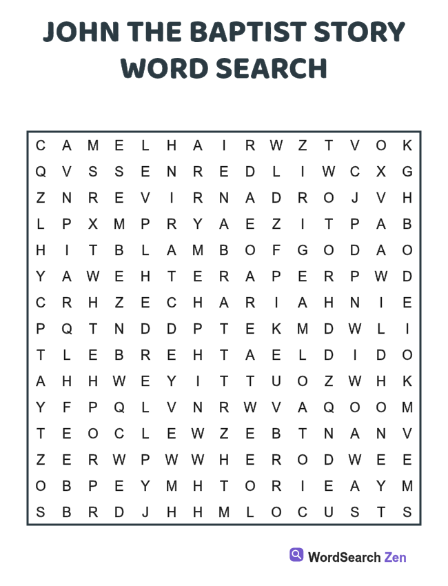 John the Baptist Story Word Search printable puzzle sheet, 15 hidden words