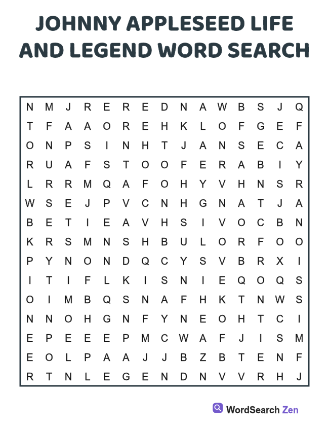 Johnny Appleseed Life and Legend Word Search printable puzzle sheet