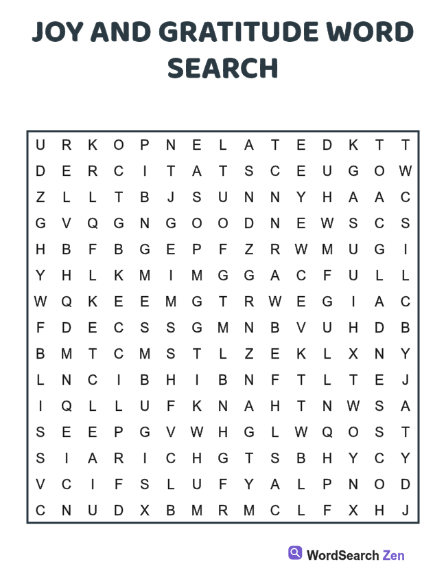 Joy and Gratitude Word Search printable puzzle sheet, 15 hidden words