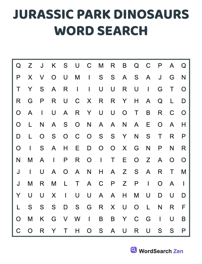 Jurassic Park Dinosaurs Word Search