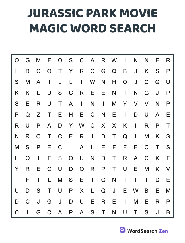 Jurassic Park Movie Magic Word Search