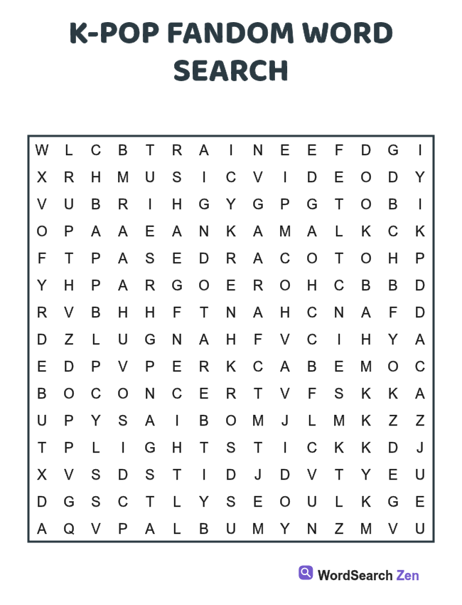 K-Pop Fandom Word Search printable puzzle sheet