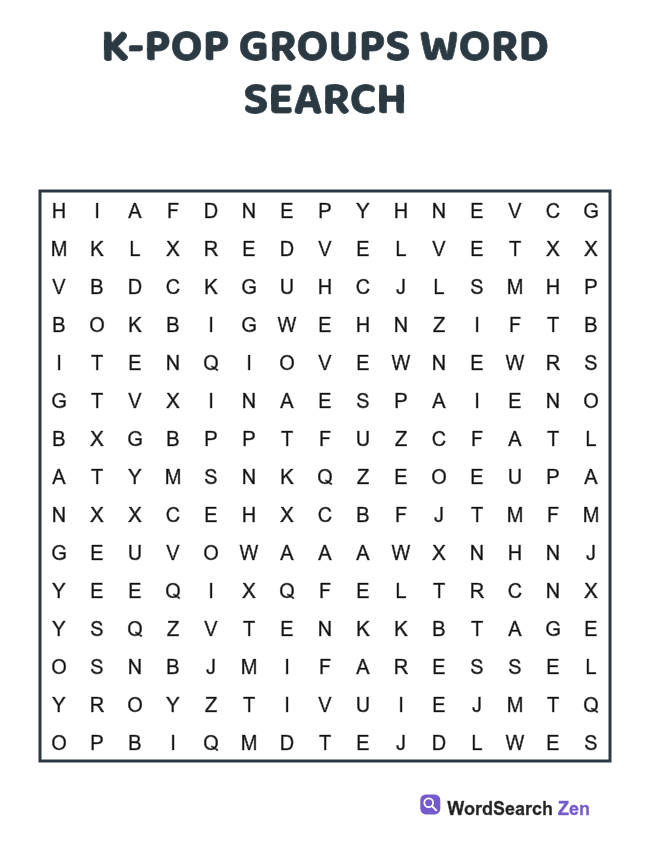 K-Pop Groups Word Search printable puzzle sheet