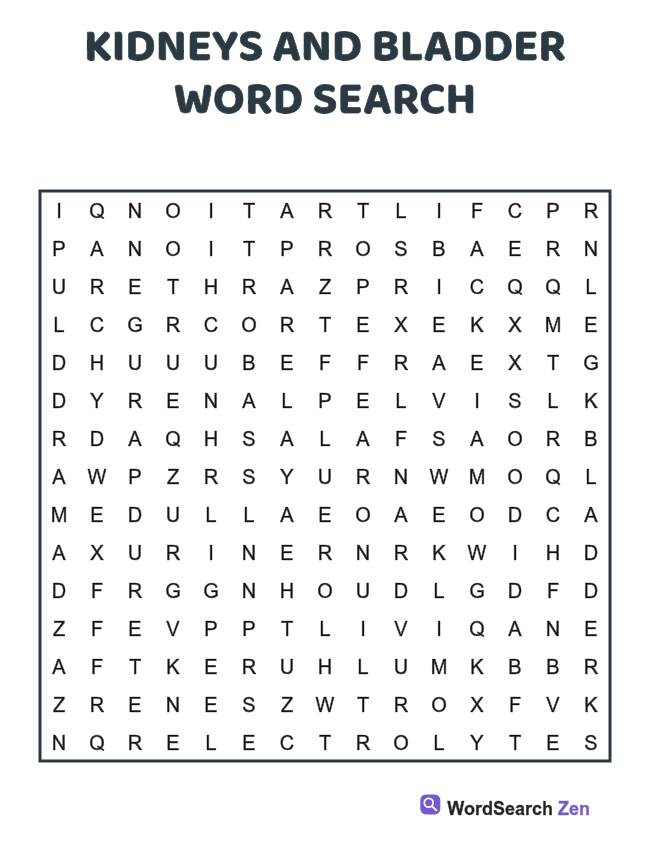 Kidneys and Bladder Word Search printable puzzle sheet, 15 hidden words