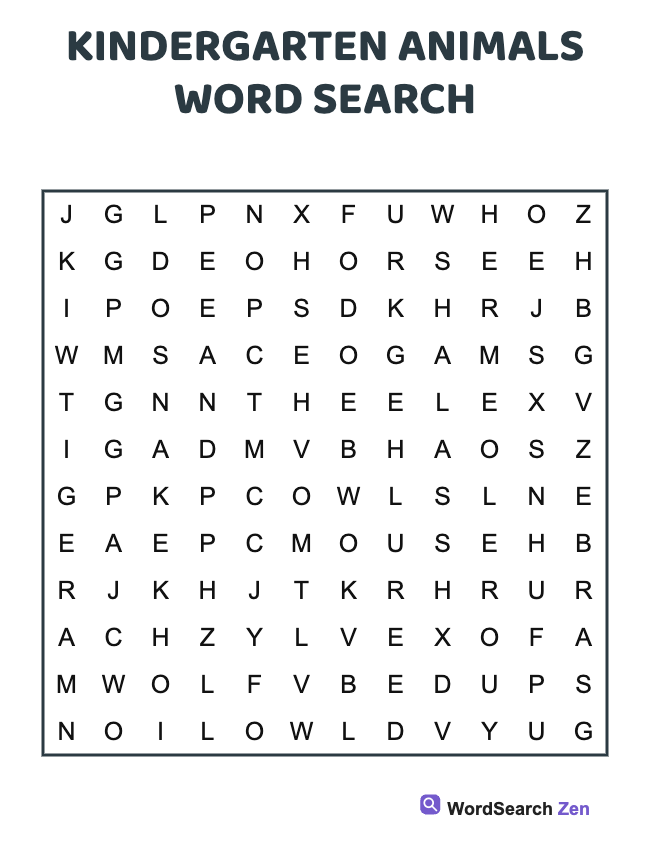 Kindergarten Animals Word Search