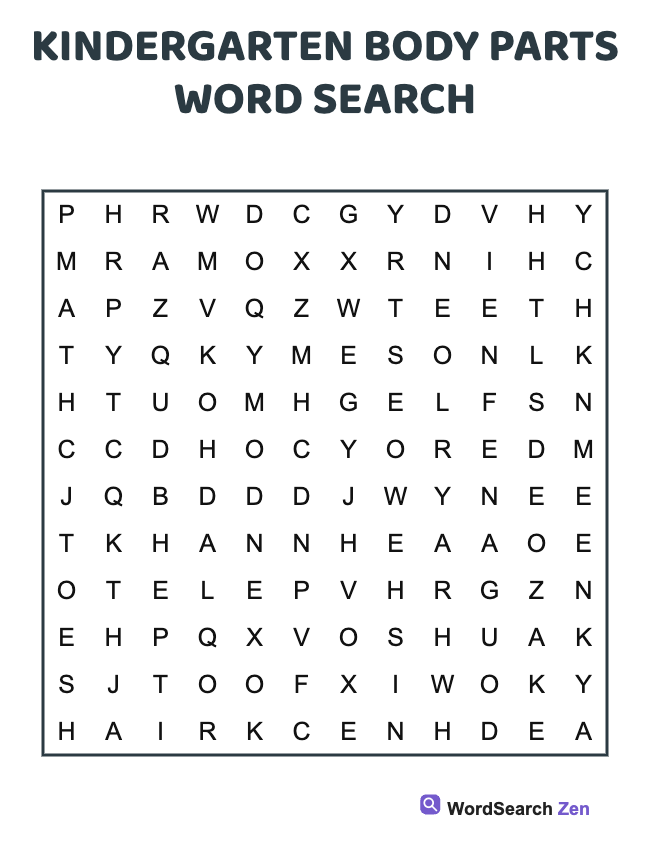Kindergarten Body Parts Word Search