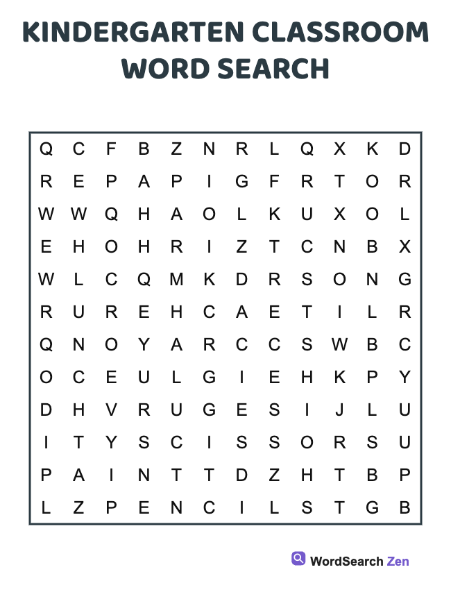 Kindergarten Classroom Word Search