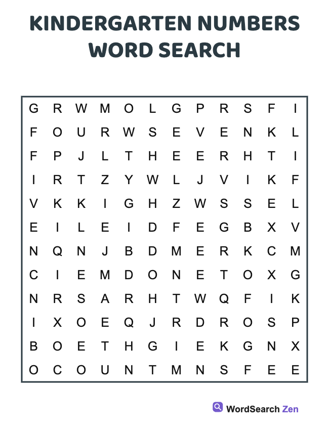 Kindergarten Numbers Word Search