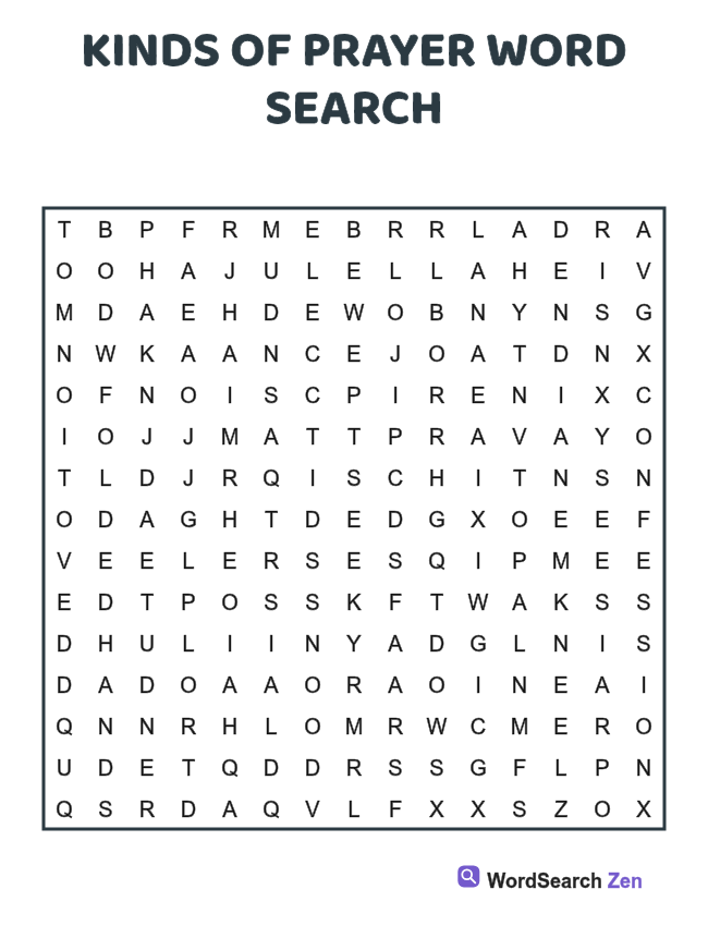 Kinds of Prayer Word Search printable puzzle sheet, 15 hidden words