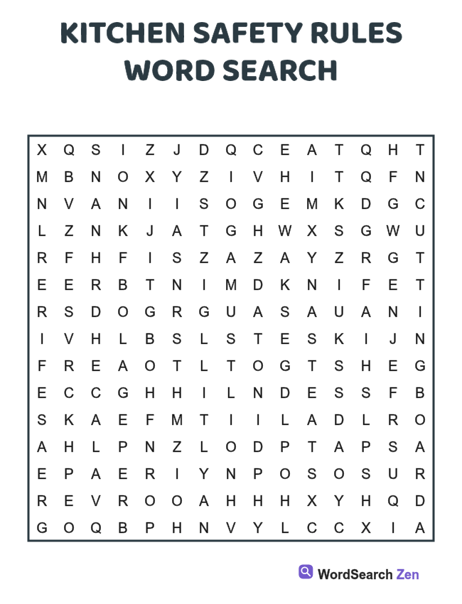 Kitchen Safety Rules Word Search printable puzzle sheet, 15 hidden words