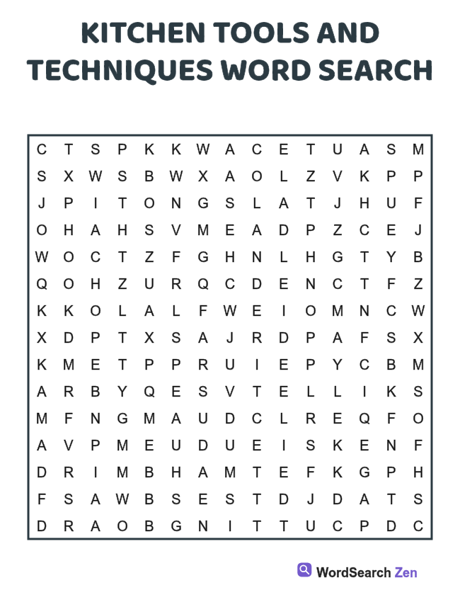 Kitchen Tools and Techniques Word Search printable puzzle sheet