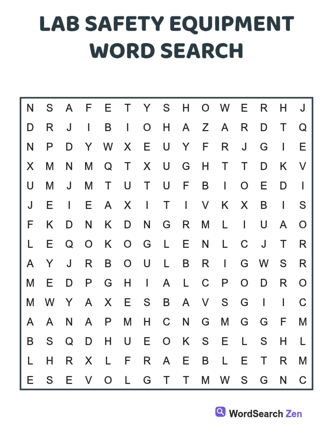 Lab Safety Equipment Word Search printable puzzle sheet