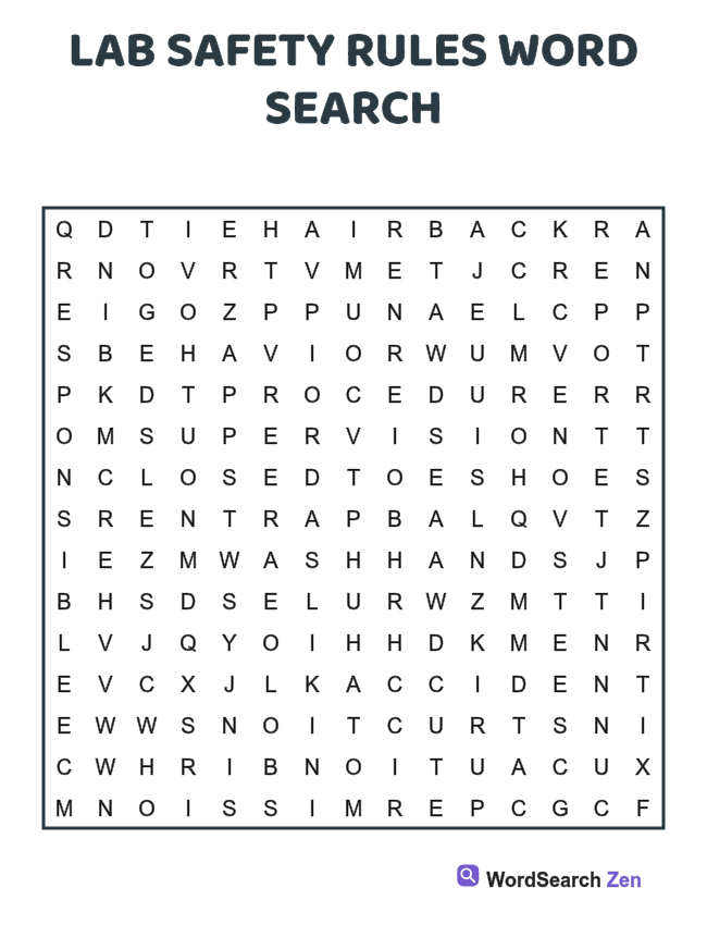 Lab Safety Rules Word Search printable puzzle sheet