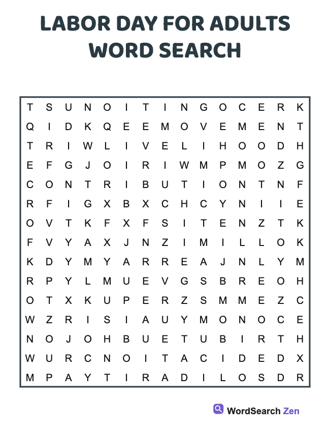 Labor Day For Adults Word Search