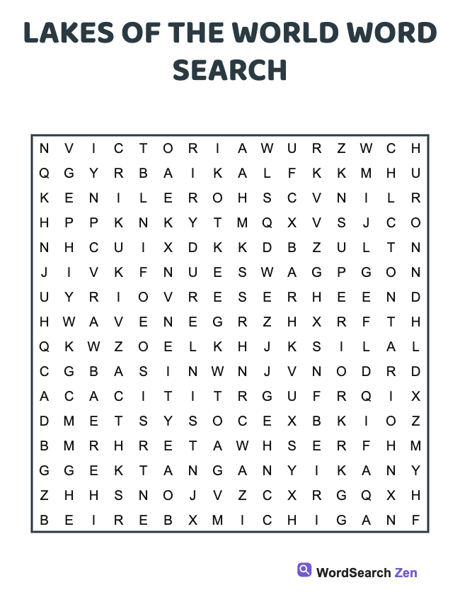 Lakes Of The World Word Search