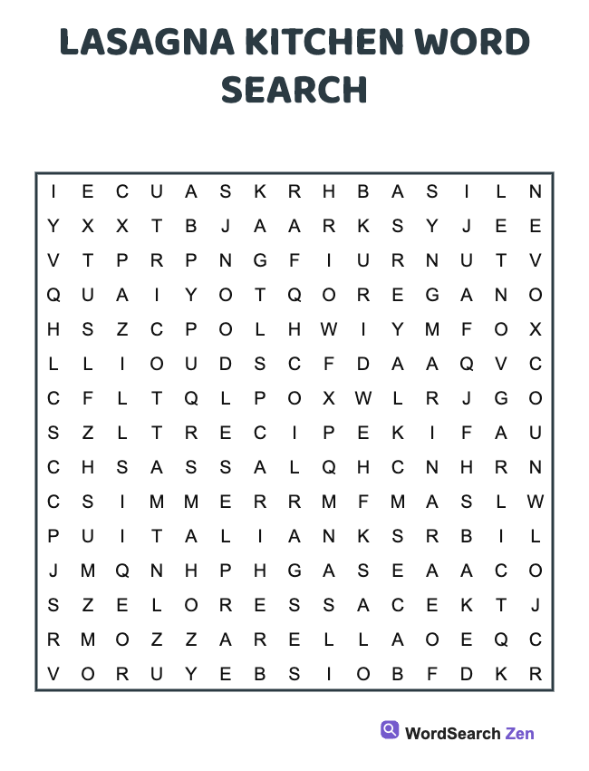 Lasagna Kitchen Word Search