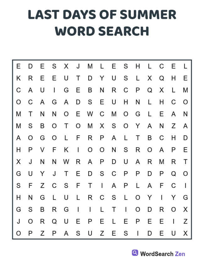 Last Days of Summer Word Search printable puzzle sheet, 15 hidden words