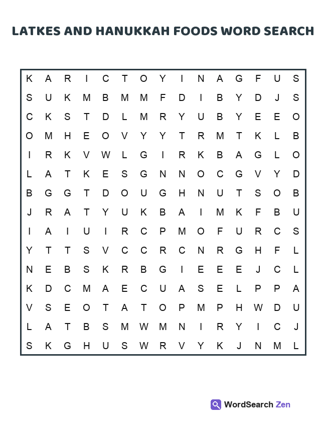 Latkes And Hanukkah Foods Word Search printable puzzle sheet