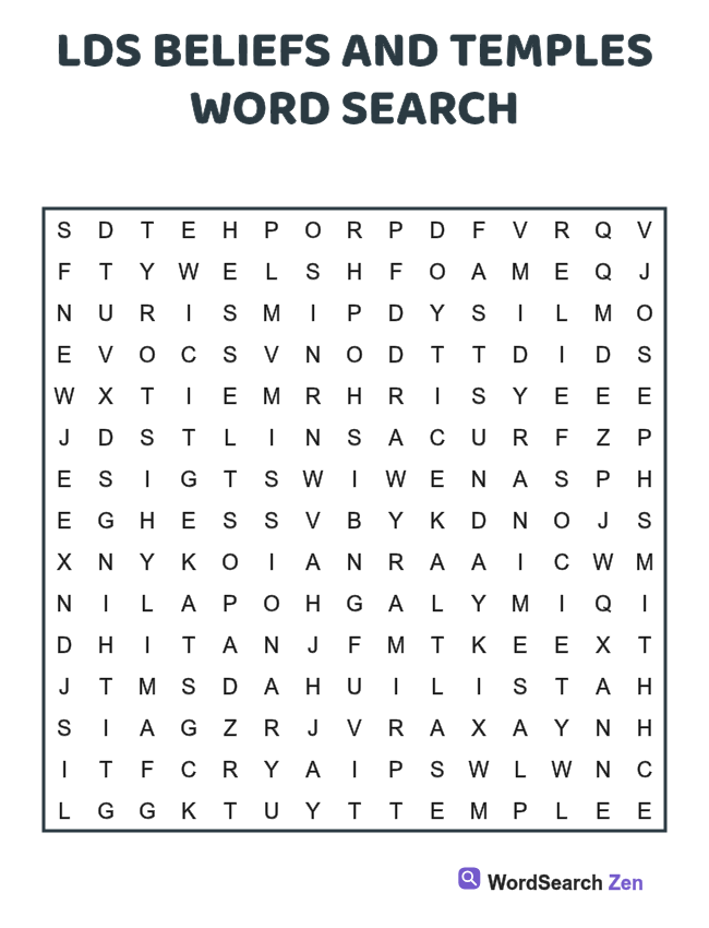 LDS Beliefs and Temples Word Search printable puzzle sheet