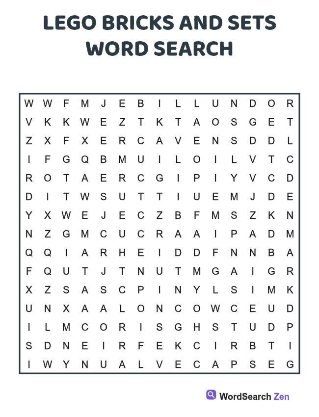 LEGO Bricks and Sets Word Search printable puzzle sheet, 15 hidden words