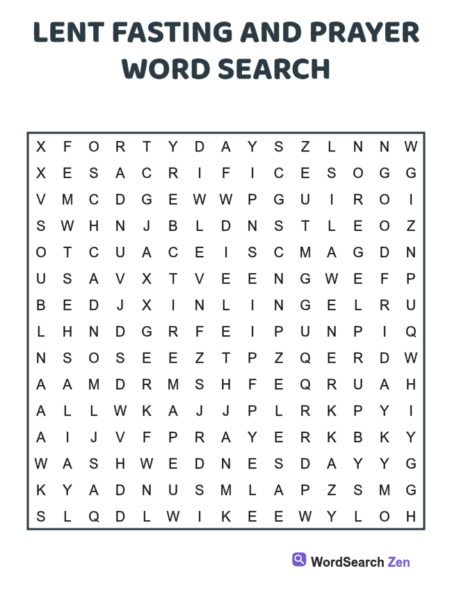 Lent Fasting and Prayer Word Search printable puzzle sheet, 15 hidden words