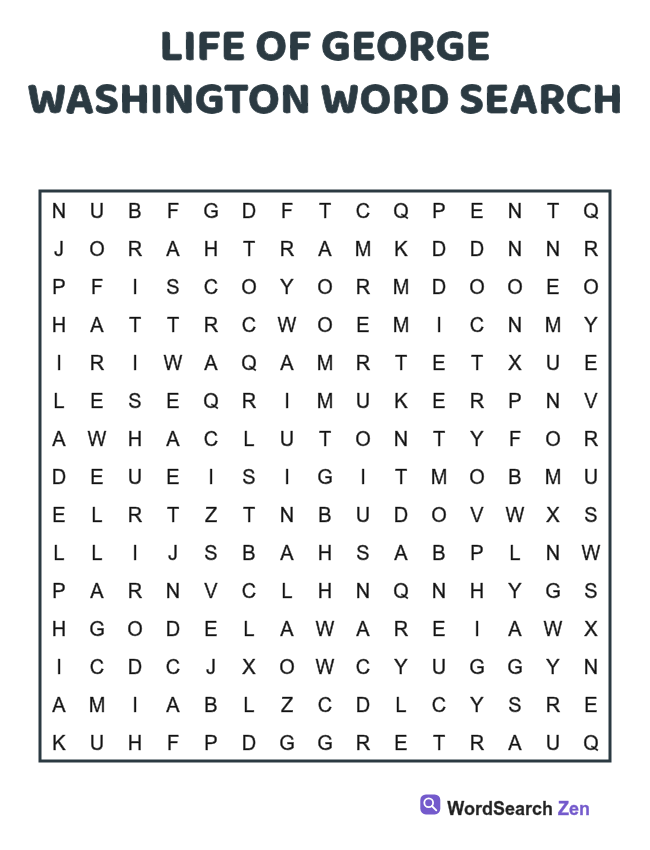 Life Of George Washington Word Search printable puzzle sheet