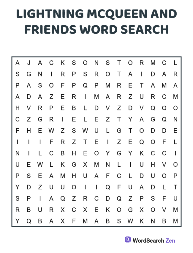 Lightning McQueen and Friends Word Search printable puzzle sheet, 15 hidden words