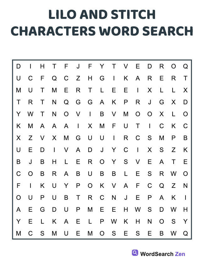 Lilo And Stitch Characters Word Search