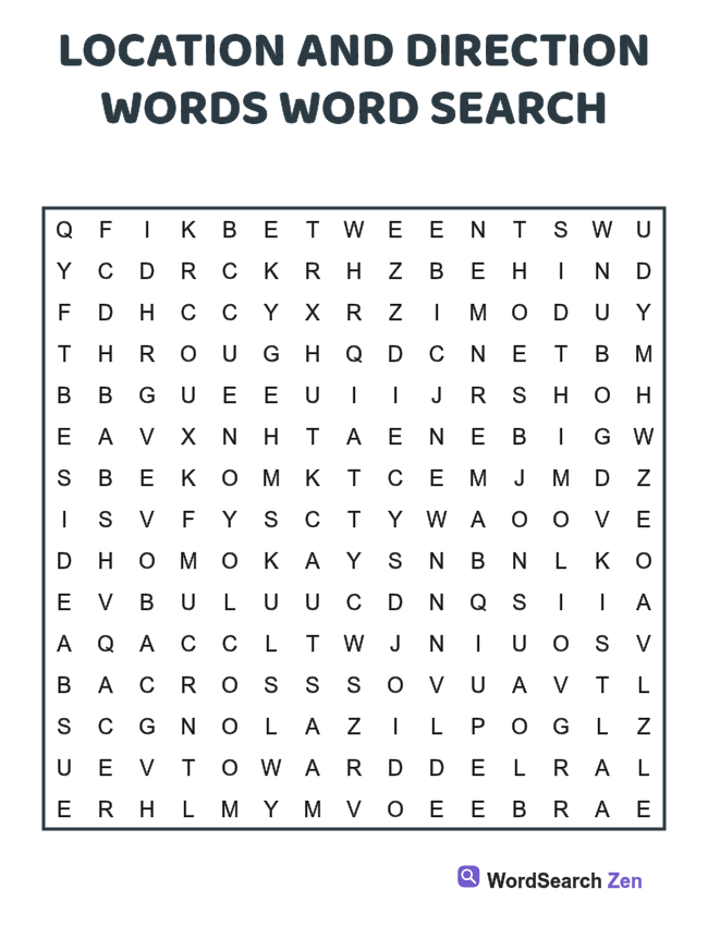 Location and Direction Words Word Search printable puzzle sheet, 15 hidden words