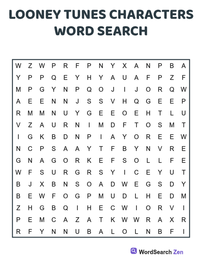 Looney Tunes Characters Word Search printable puzzle sheet, 15 hidden words