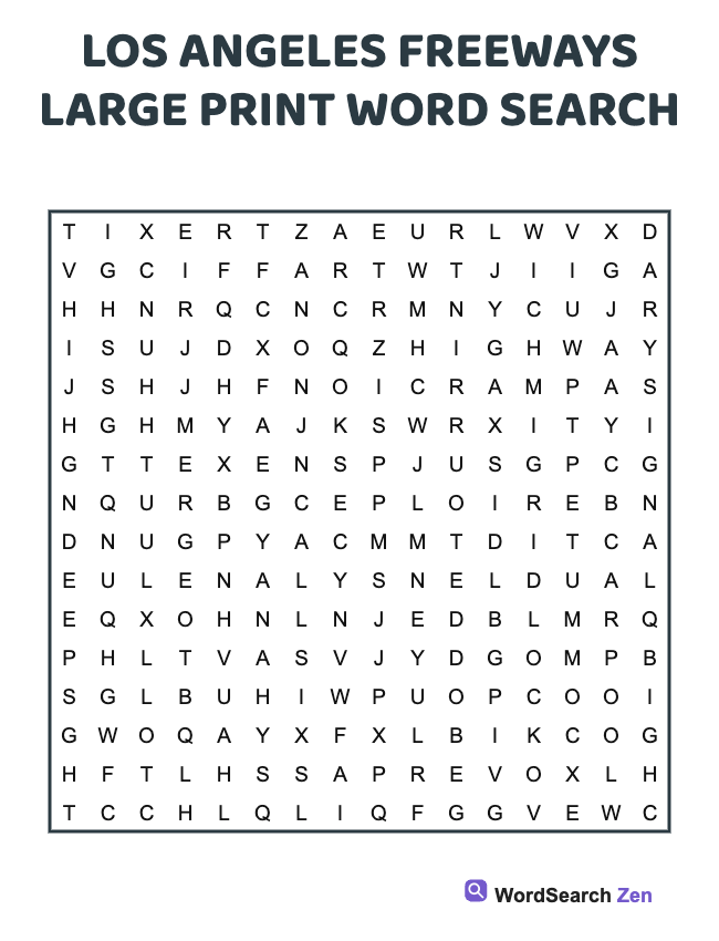Los Angeles Freeways Large Print Word Search