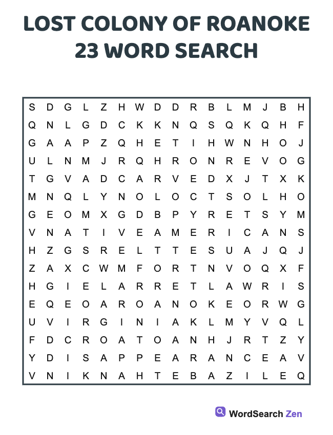 Lost Colony Of Roanoke 23 Word Search