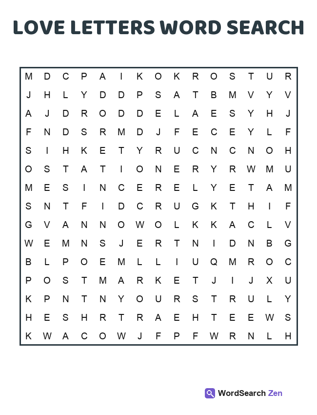 Love Letters Word Search printable puzzle sheet