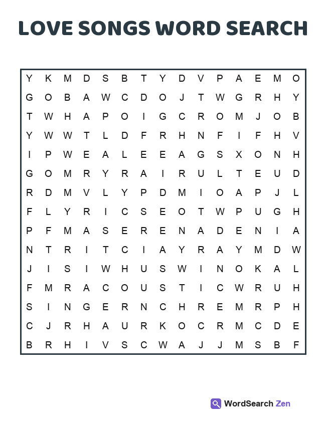 Love Songs Word Search printable puzzle sheet