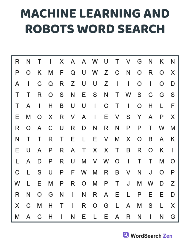 Machine Learning and Robots Word Search printable puzzle sheet