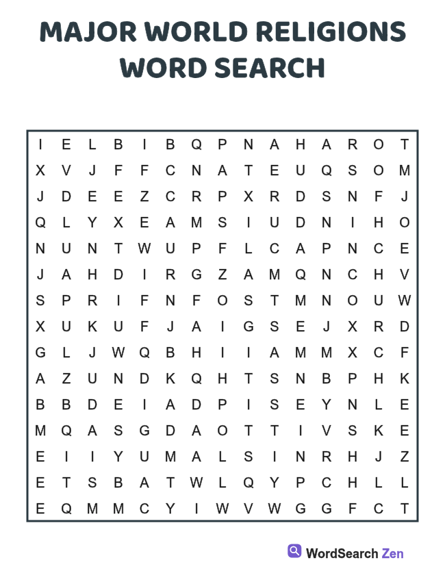 Major World Religions Word Search printable puzzle sheet, 15 hidden words
