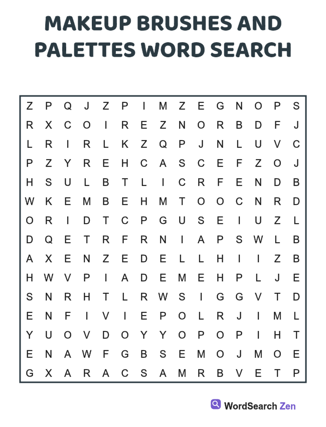 Makeup Brushes and Palettes Word Search printable puzzle sheet, 15 hidden words
