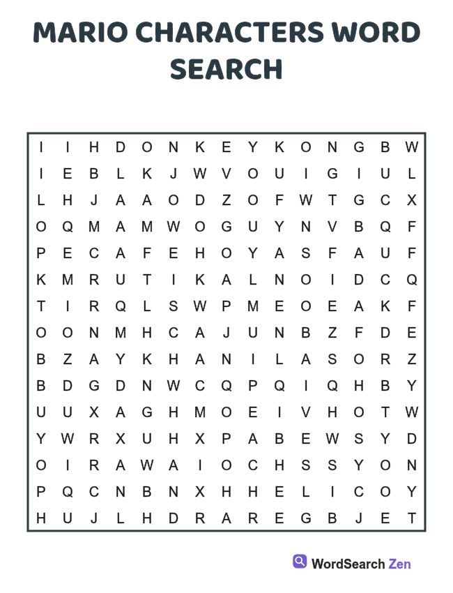 Mario Characters Word Search printable puzzle sheet
