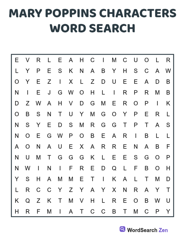 Mary Poppins Characters Word Search printable puzzle sheet, 15 hidden words