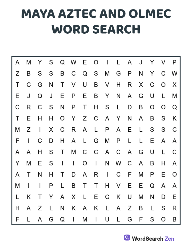 Maya Aztec and Olmec Word Search printable puzzle sheet, 15 hidden words