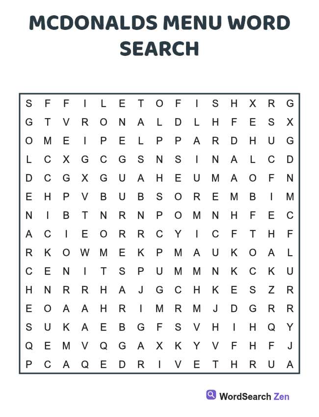 McDonalds Menu Word Search printable puzzle sheet, 15 hidden words