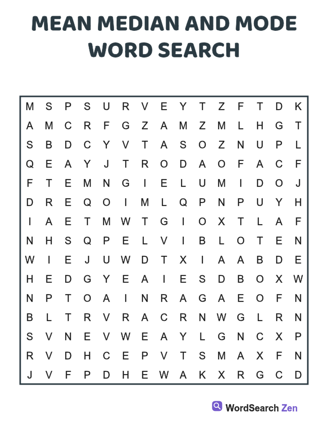 Mean Median and Mode Word Search printable puzzle sheet