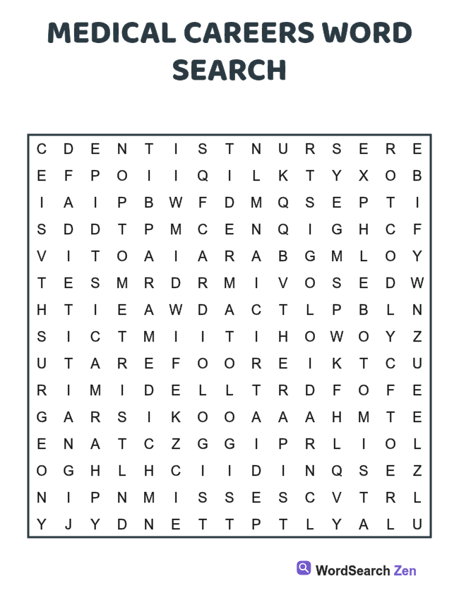 Medical Careers Word Search printable puzzle sheet