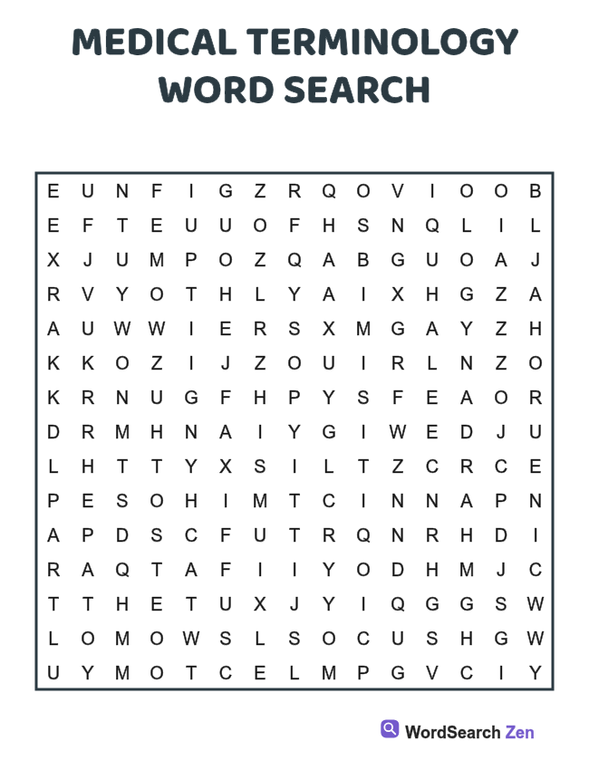 Medical Terminology Word Search printable puzzle sheet