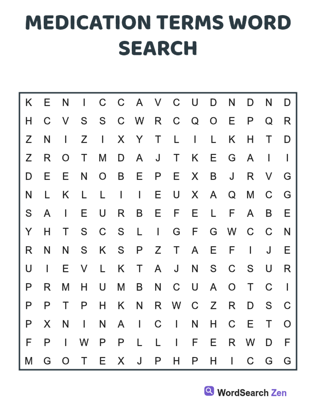 Medication Terms Word Search printable puzzle sheet, 15 hidden words